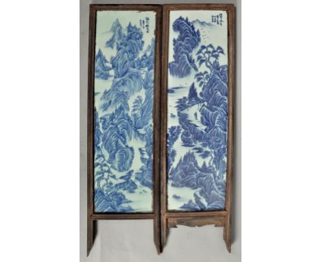 Four 19c Chinese screen panels, decorated in underglaze blue landscapes, each panel signed, each 29 x 8.5.