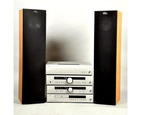 An Arcam stereo system comprising of an Arcam P85 power amplifier, a A85 integrated amplifier, a DT81 tuner, a DV135 DVD play