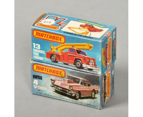 Two Lesney Matchbox vehicles, a '57 Chevy no.4 and a Snorkel fire engine no.13, boxed.