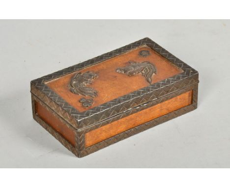 A 19c Oriental rosewood cigarette box with woven interlaced borders, the hinged cover with a cock fighting panel and with att