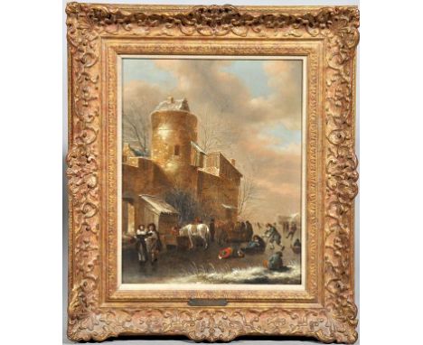 Klaes Molenaer, Haarlem 1630/1676 - a winter scene with skaters on a river close to a fortified building, oil on wooden panel