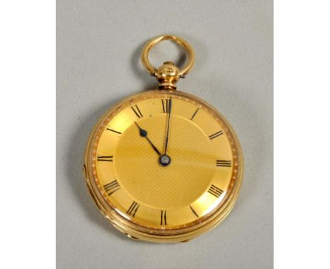 An 18k gold cased fob watch, with engine turned back panel, Roman chapter ring, 1.5diam.