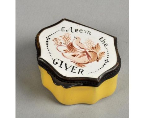 A late 18c/early 19c Bilston enamel box, the hinged lid inscribed Esteem the Giver and painted with a nesting bird, 1.75w.