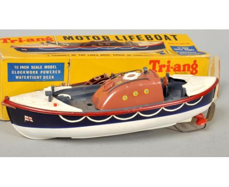 A Triang motor lifeboat, being a 10 scale model, clockwork powered with a water tight deck, in original box.