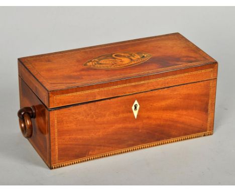 A late Georgian two compartment tea caddy with mixing bowl and recess, the caddy of rectangular form with a hinged cover, cro