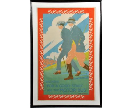 A poster print 'Walkers. For a good start use the motor-bus' by C R W Nevinson, printed by the Avenue Press 55-57 Drury Lane,