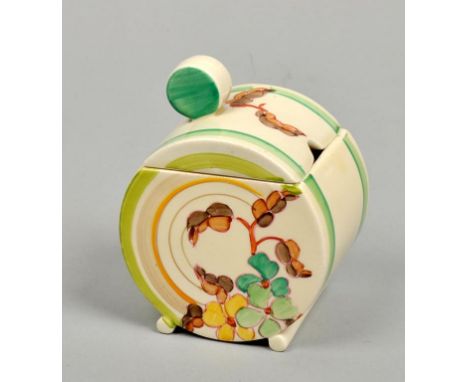 A 1930's Clarice Cliff Bizarre Bonjour shaped Hydrangea preserve pot and cover, stamped to base, 4h.