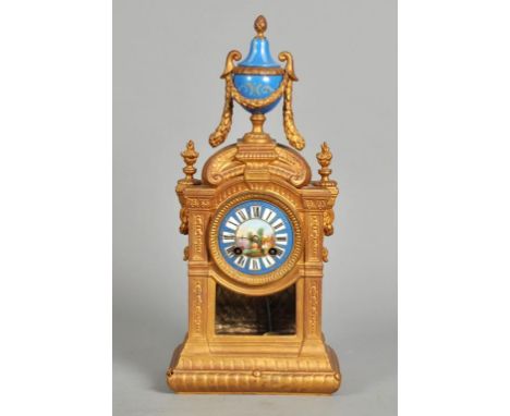 A late 19c French mantel clock in rectangular gilt spelter case with blue porcelain dial with central painted landscape and w