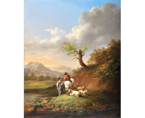 Unsigned - a mountainous landscape with a shepherd on horseback with his flock accompanied by a lady, 19c oil on panel, unfra