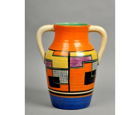 A 1930's Art Deco Clarice Cliff Fantasque two handled Isis vase decorated in the Football pattern, stamped to base, a/f, 11.2