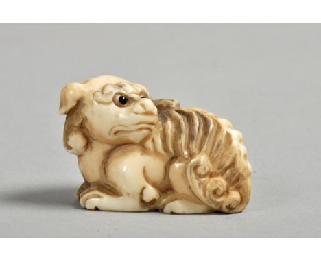 A Japanese Meiji period ivory netsuke carved as a mythical dog, with incised ink decoration, base signed, 1.75w.