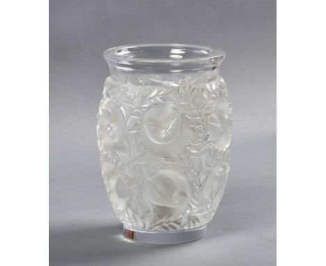 A Lalique bagatelle vase frosted and moulded with birds and leaf, signed to base Lalique, France, 6.7h.