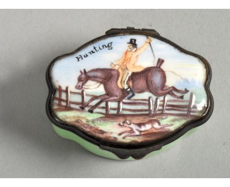 A late 18c/early 19c Bilston enamel box, the hinged lid inscribed 'Hunting', painted with horse and rider jumping a fence acc