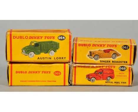 Four Dublo Dinky Toys, an Austin lorry no.064, Singer Roadster no.062, a Massey Harris Ferguson tractor no.069 and a Royal Ma