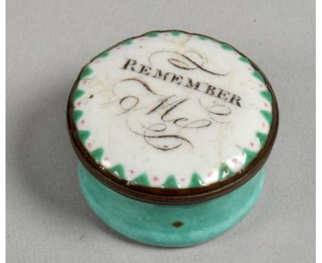 A late 18c/early 19c Bilston enamel pot, the screw lid inscribed Remember Me, 1.25diam.