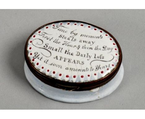 A late 18c/early 19c Bilston enamel box, the hinged lid inscribed 'Time by moments steals away first the hour and then the da