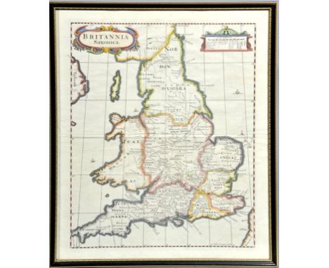 Robert Morden circa 1772 - Britannia Saxonica engraved map of England and Wales in Saxon times, hand coloured with two decora
