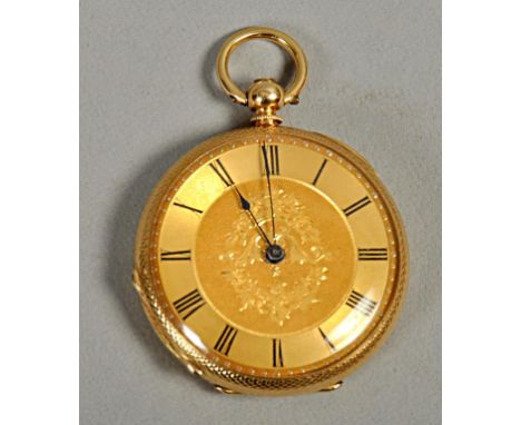 An 18k gold fob watch, with variegated floral face within a circular chapter ring with Roman numerals, the back engine turned