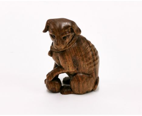 A carved fruitwood Netsuke of a dog with a ball with black obsidian eyes, H. 5cm.
