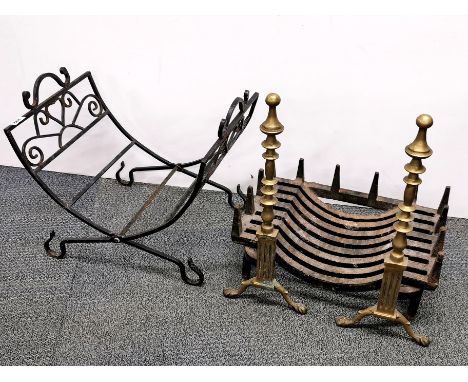 A brass and cast iron fire grate, H. 54cm. W. 48cm. together with a folding vintage wood rack.
