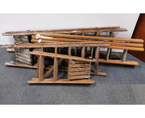 Three graduated vintage pine step ladders, tallest 200cm. together with a three section pin ladder.