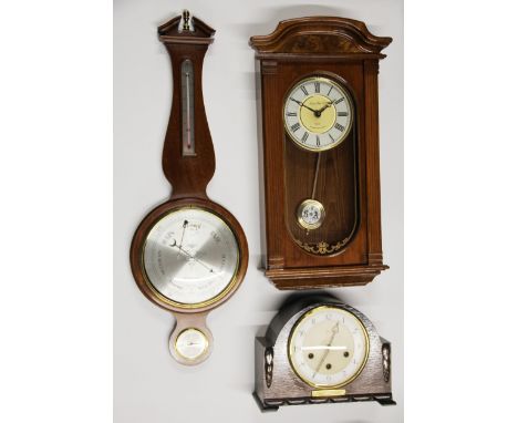 A boxed Shortland Bowen mahogany wall barometer together with a London Clock Company wall clock and a Smiths oak mantle clock