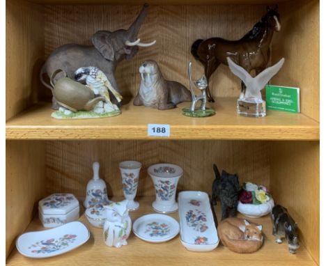 A Royal Doulton horse figure together with a Goebel crystal bird, a quantity of Wedgwood Kutani crane china, an Ainsley eleph