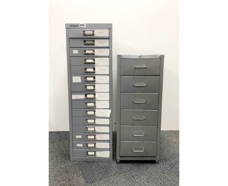 Two empty cabinets of vintage metal drawers, tallest 86 x 28cm.