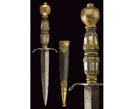 A fine romantic dagger dating: 19th Century provenance: Europe Strong, straight, double-edged blade (a small defect) with ele