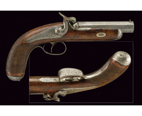 A percussion pistol dating: mid-19th Century provenance: Belgium Short, octagonal, rifled, 17 mm cal. barrel, with foresight,