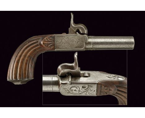 A percussion pocket pistol dating: mid-19th Century provenance: Europe Smooth, cylindrical, twisted, turn-off, 12 mm cal. bar