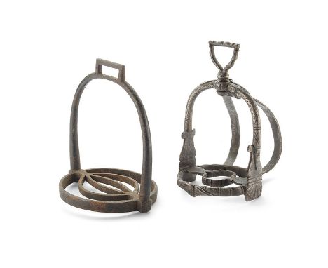 Lot of two stirrups dating: 17th Century provenance: Italy Iron spurs, with chiselled tread and arch, two bands, decorated lo