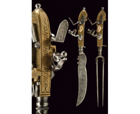A knife and a fork with flintlock pistol dating: 20th Century provenance: Germany In the style of 18th Century; iron blades, 