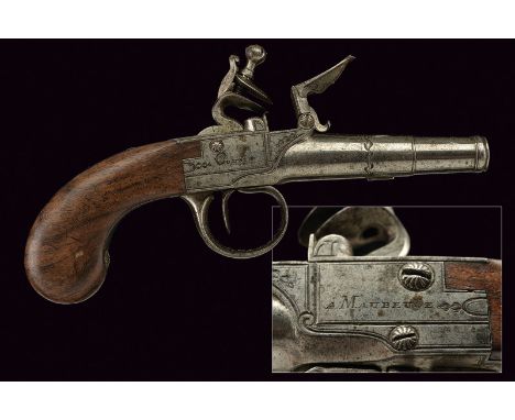 A flintlock pocket pistol by Cousin dating: circa 1800 provenance: France Round, turn-off, 10 mm cal. barrel; box-lock frame 