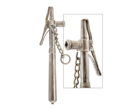 A rare powder-flask with wheel-lock key dating: 17th Century provenance: Italy Iron body shaped as a phial, wider toward the 