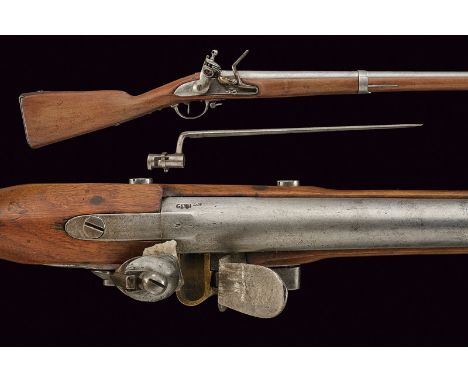 A flintlock gun with bayonet dating: 19th Century provenance: France Smooth, round barrel with square base, with the mark "18