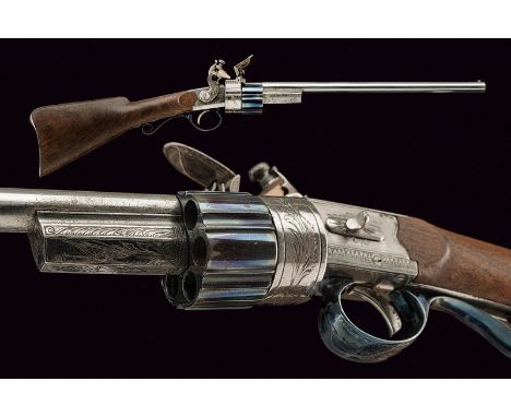 A fine model of a revolving flintlock gun dating: 19th Century provenance: Europe Round, rifled, 5.5 mm cal. barrel, provided
