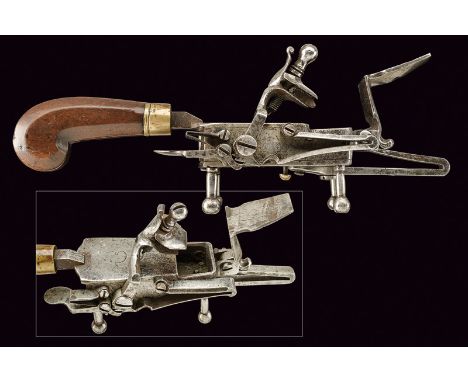 A scarce flintlock lighter dating: 18th Century provenance: Europe Iron stock narrowing toward the pan which is placed at the