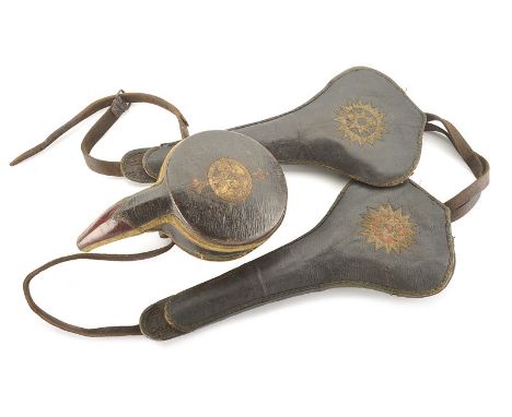 A pair of pistol holsters with a powder-flask dating: 19th Century provenance: Turkey Holsters consisting in two leather valv