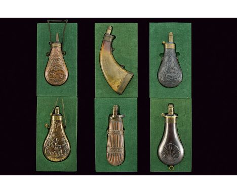 A lot of six powder-flasks dating: mid-19th Century provenance: Europe Five metallic flasks with embossed decorations (one wi
