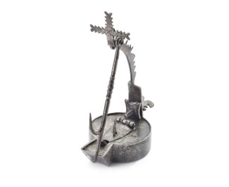 A rare carriage oil lamp dating: late 17th Century provenance: Italy Entirely made of iron. Circular, iron magazine provided 