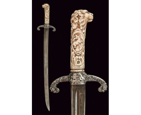 An interesting, composite hunting knife dating: early 19th Century provenance: Germany Curved, single-edged blade with double