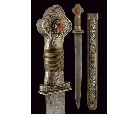 A silver decorated sword dating: mid-19th Century provenance: Tibet Simple, straight, single-edged blade; silver-plated hilt 