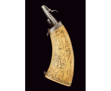 An engraved powder-flask dating: 17th Century provenance: Germany Body of pressed horn, with curved shape. The front surface 