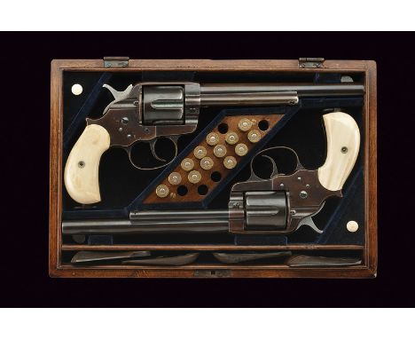 A cased pair of Colt Model 1878 Frontier D.A. Revolver dating: 1875-1890 provenance: USA Round, rifled barrels with address, 