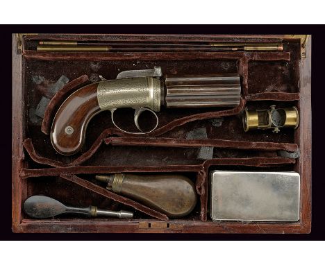 A cased percussion pepperbox revolver by Charles James Smith dating: mid-19th Century provenance: London Grooved, six-shot ba
