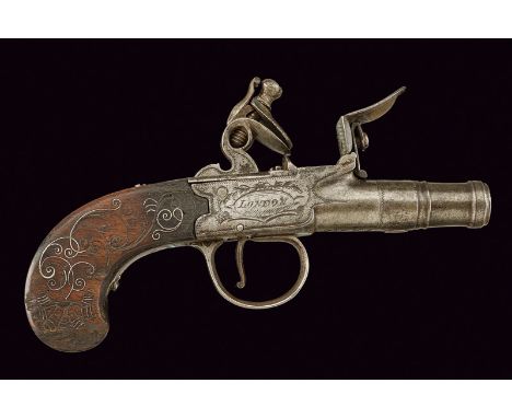 A flintlock pocket pistol dating: circa 1800 provenance: England Smooth, turn-off, two stage, both round, 10 mm cal. barrel, 