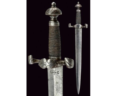 A left-hand dagger dating: 17th Century provenance: France Straight, double-edged blade of lozenge section, one side of the b