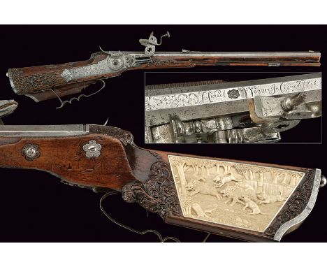 A beautiful wheel-lock rifle by Michael Wagner dating: circa 1700 provenance: Germany Octagonal, rifled, 15 mm cal. barrel, p