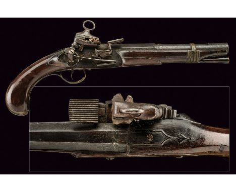 A flintlock pistol dating: mid-18th Century provenance: Spain Smooth, two-stage, 15 mm cal. barrel, engraved at the base and 